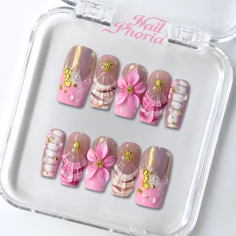 NailPhoria CORAL HEART -SUMMER Handmade Press-On Nails | Reusable, Salon-Quality, Long-Lasting, Glossy Design
