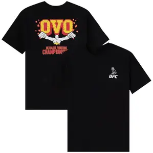 Mens OVO x UFC Black Flame Logo T Shirt, Limited Edition Streetwear Tee, Bold Graphic for Fight Fans, Drake Collab Shirt, and Urban