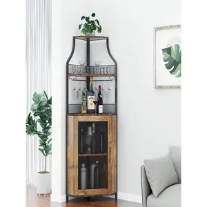 Corner Bar Cabinet, Corner Wine Rack With Glass Holder, Liquor Bar Cabinet With Storage Shelves And Mesh Door, Industrial Wine Cabinet, Home Bar Furniture For Liquor And Wine Storage