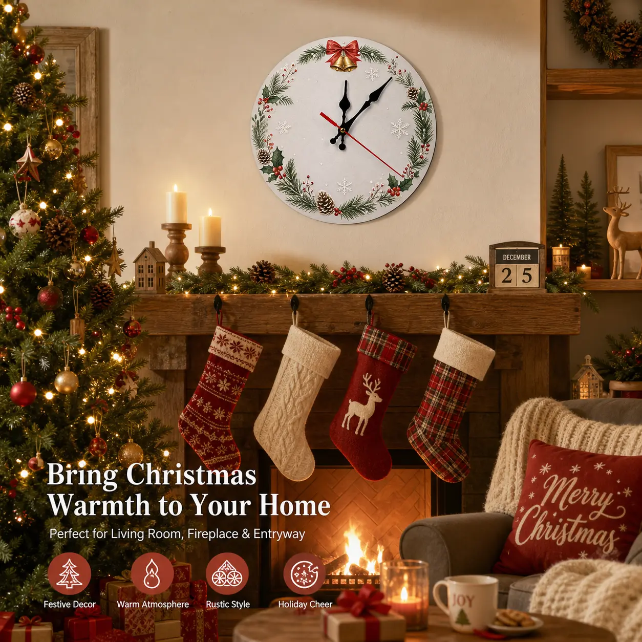 Christmas Wall Clock, Festive Pinecone and Holly Decorative Silent Non-Ticking Round Clock for Home, Living Room, Kitchen, Office, Holiday Decor