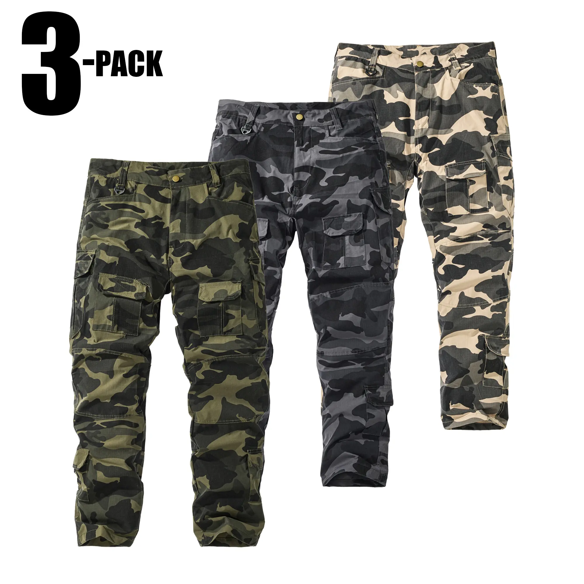 Men’s Camouflage Cargo Pants, 3-Pack — Multi-Color, Multiple Pockets, Tactical Straight-Leg Workwear Pants, Outdoor Wear, Durable Casual Cargo Pants