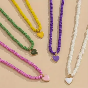 Unique Handmade Y2K Style Multicolor Heart Beads Necklace for Women - Simple Pink Beaded Gift Necklace