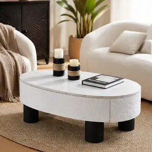 Oval Coffee Table with Faux Marble Top, Mid Century Modern Center Table with Hidden Drawer and Storage, White+Black Engineered Wood Coffee Table for Living Room Bedroom Office, 23.6x47.2x15.7 in, White+Black Color Options, Modern Style