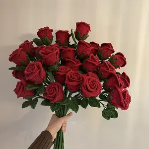 Handmade Crochet Wine Red Wine Glass Rose Bouquet, Eternal Yarn Artificial Flower Arrangement, Creative DIY Knitted Forever Flower Decor, Romantic Gift for Girlfriend Wife on Birthday Valentine's Anniversary