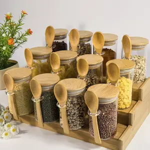 Glass Spice Jar Canister with Spoon, 4/8/10/12pcs Spice Storage Container with Lid, Kitchen Storage Jar for Spice, Sugar, Coffee, Candy, Kitchen Accessories Utensils