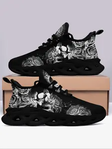 Men's Skull Rose Print Lace Up Sneakers, Casual Breathable Comfortable Sports Shoes, Male All-match Round Toe Sneakers for Daily Life, Graphic Print Sneakers