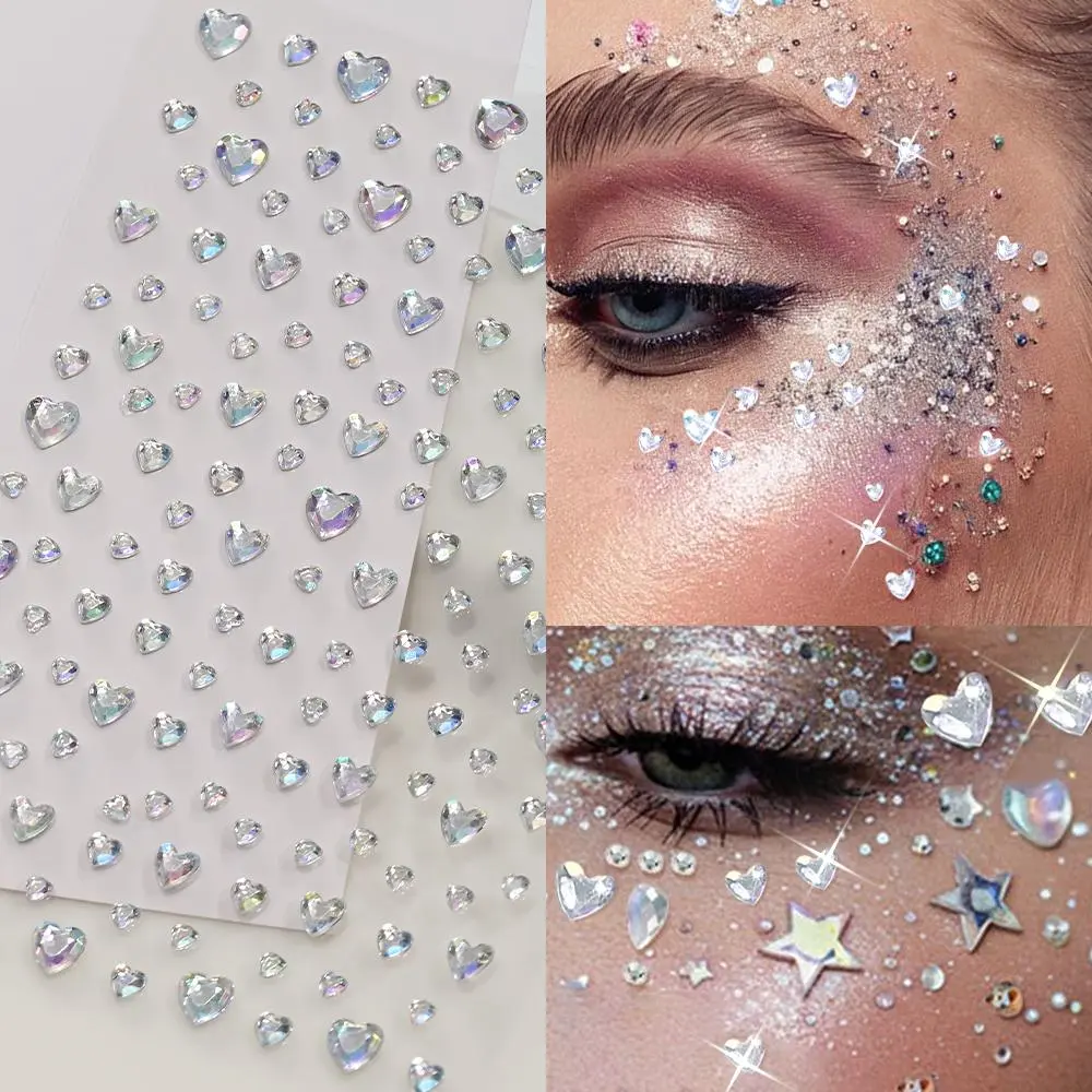 1Pcs 3D Holographic Heart Drop Face Rhinestone Sticker Self-Adhesive Crystal Diamond Tattoo Sticker Eye Face Decoration Decal