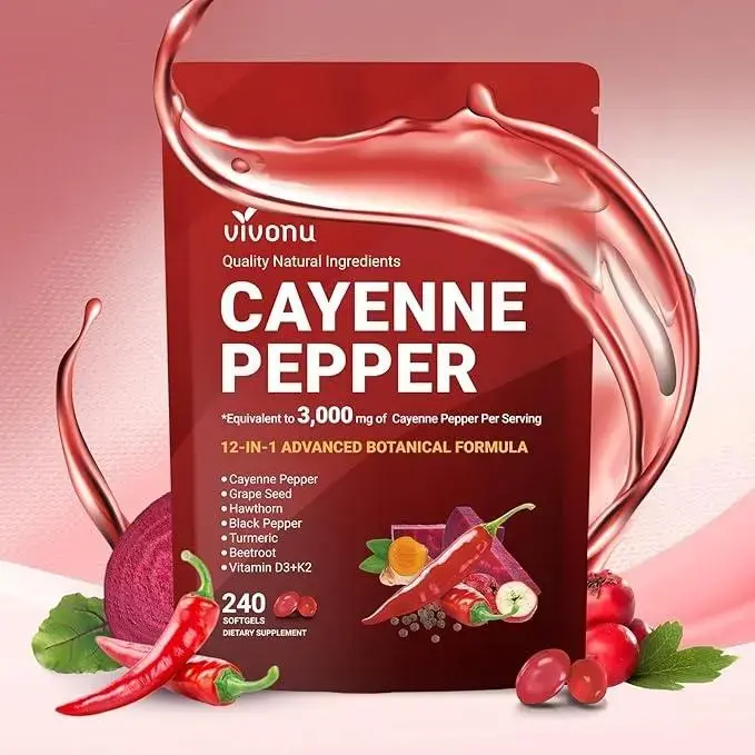 Cayenne Pepper Softgels Supplement,Supports Leg Vein, Heart and Blood VesselHealth, with Vitamin E D3+K2 and Extracts ofGrape Seed, Hawthorn, Beetroot and Others(240 Softge /1 Bag) Healthcare DietaryEdible Fitness