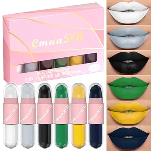 2 In 1 Matte Lipstick & Liquid Lipstick 6Pcs Set Black White Grey Green Yellow Dark Blue Purple Lipstick Matte Face Body Paint Stick Baseball Football Eye Black Stick for Sports Halloween Clown