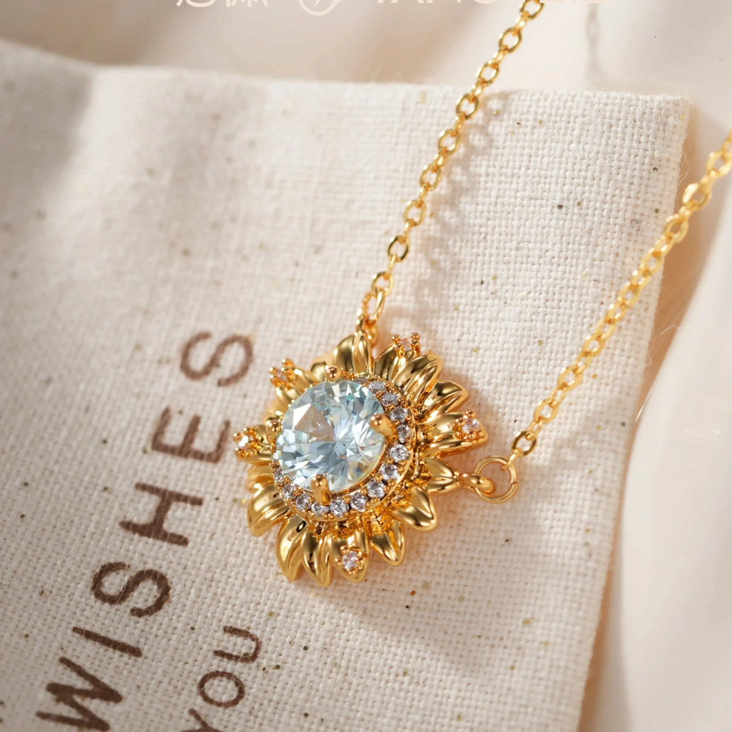 Romantic Sunflower Necklace 69 XT00051 with Golden Chain and Aquamarine Stone for Women
