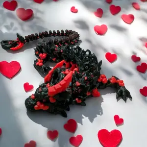 12" Mystical Dragon Figurine - 3D Printed, Black And Red Love Dragon, Articulated 3D Dragon Toys, Bedroom Desk Ornament, Unique Gift Idea For Valentine's Day, Birthday, Fantasy Lovers
