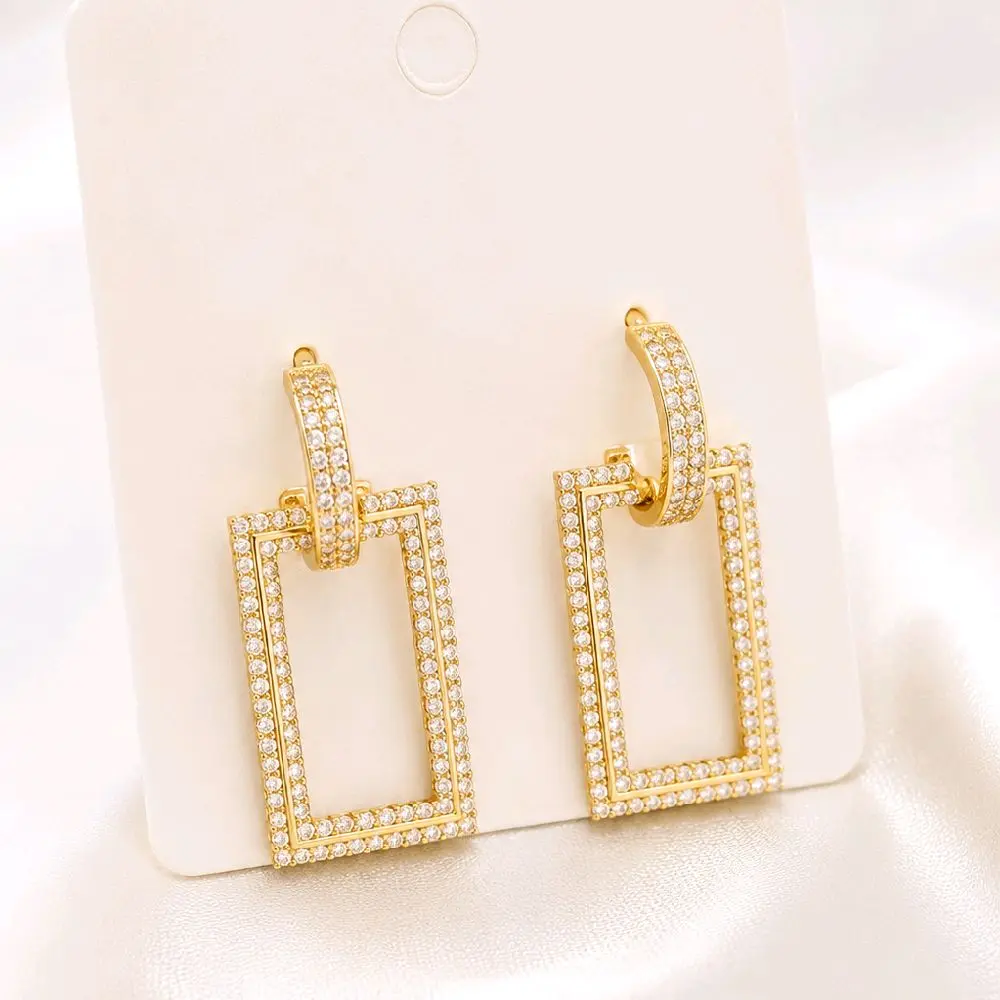 14K Gold Laminated Large Geometric Rectangle Earrings with Zirconia
