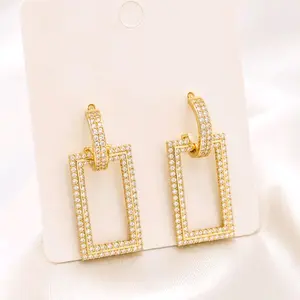 14K Gold Laminated Large Geometric Rectangle Earrings with Zirconia