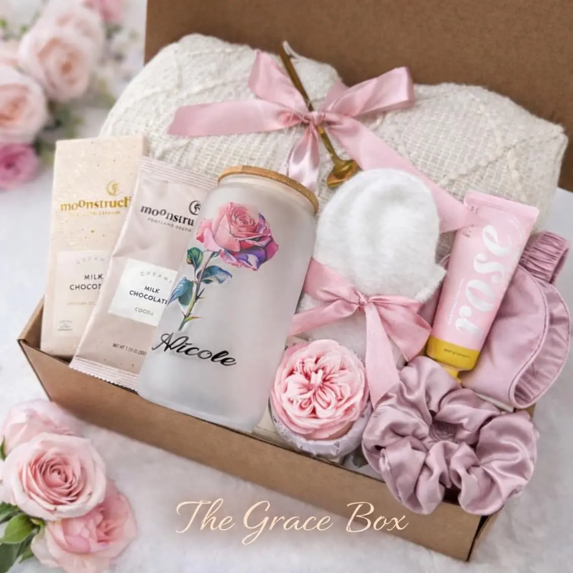 Taniri Curated Soothing Body Care & Cosmetic Grace Box - Women's Luxury Spa Self-Care Set with Bamboo Lid, Cosmetic Bag, Cozy Essentials, Ready-to-Gift for Mother’s Day, Realtor Closing, Thank You, Corporate Gifting Occasions