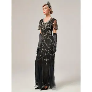 Women's 1920s Gatsby-Inspired Embellished Sequins Fitted Silhouette Flapper Dress - Tassel Detail, Vintage Beaded Formal Gown for Party & Banquet, Hand Wash/Dry Clean