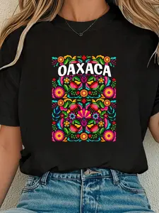 Graphic Tees Women, Camiseta 100% Algodón Con Estampado De Flores Mexicanas Oaxaca, De Cuello Redondo, Manga Corta, Cómoda Para Primavera Y Verano, Ropa De Mujer