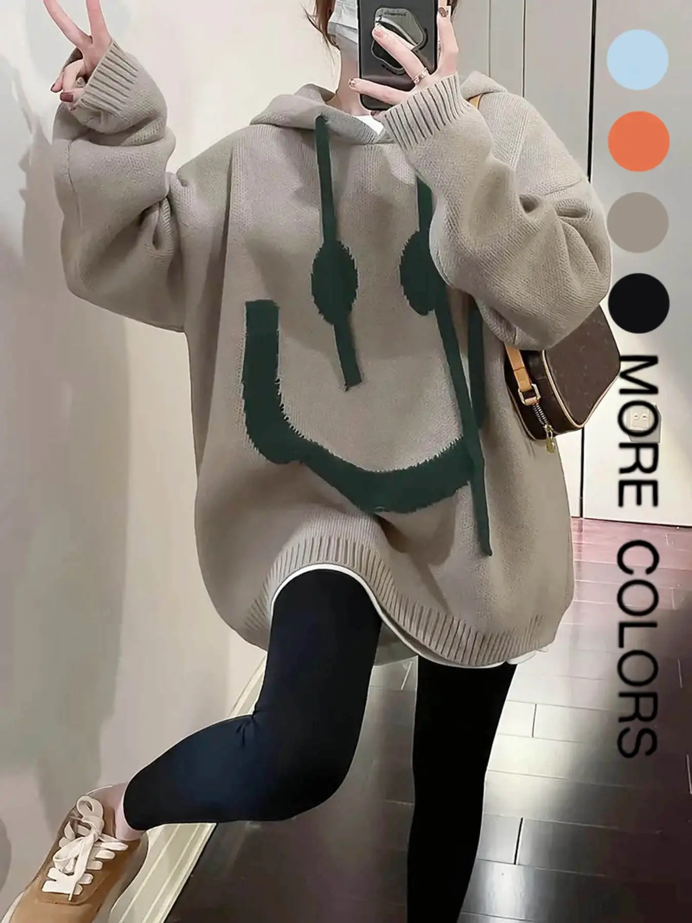 Women's Cartoon Face Print Drop Shoulder Hooded Sweater, Fashion Casual Long Sleeve Drawstring Hooded Sweater for Daily Holiday Outdoor Wear, Women Kn