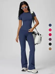 Women's Sporty Quick-Dry Two-Piece Set, Plain Round Neck Slim Fit T-Shirt & High Waist Flare Leg Yoga Pants, Soft Skin-Friendly Fabric, All-Season Wear, Casual Sportswear, Yoga Gym Workout Running Wear, Daily Outdoor Wear, Yoga Tracksuit Set