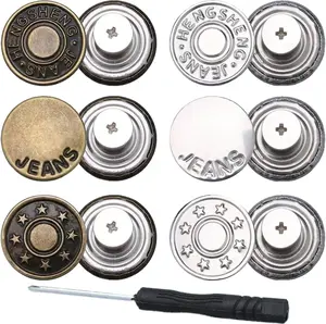 6Pcs Buttons Pins for Loose Jeans, 17 Mm No-Sew Nailess Removable Metal Jeans Buttons Replacement, Adjustable Metal Pants Button Tightener,Repair Combo Thread Rivets and Screwdrivers Baxykez
