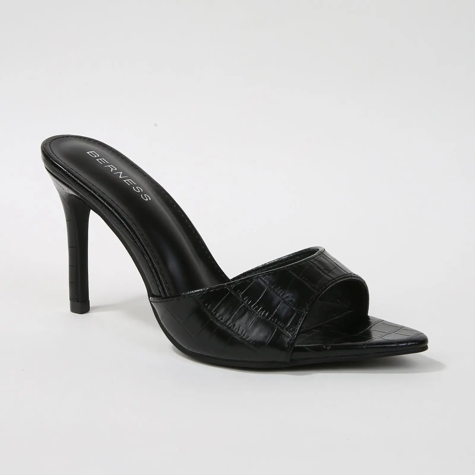 Women's Berness JESSA Backless Heeled Mule Sandals - Footwear, 4-in Stiletto, Slip-On Shoe, Croc-Embossed Texture, Square Open Toe for Everyday & Dressy Looks