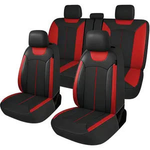 9Pcs Car 5 Seat Covers Full Set Leather, Car Front Seat Covers with Zipper for Armrest & Rear Split Bench with 3 Zipper, 4 Seasons Seat Cover Set Non-Slip Auto Accessories, Universal For 4 Door 2 Row BMW Chevrolet Ford Jeep Nissan Toyota Hyundai VW Honda