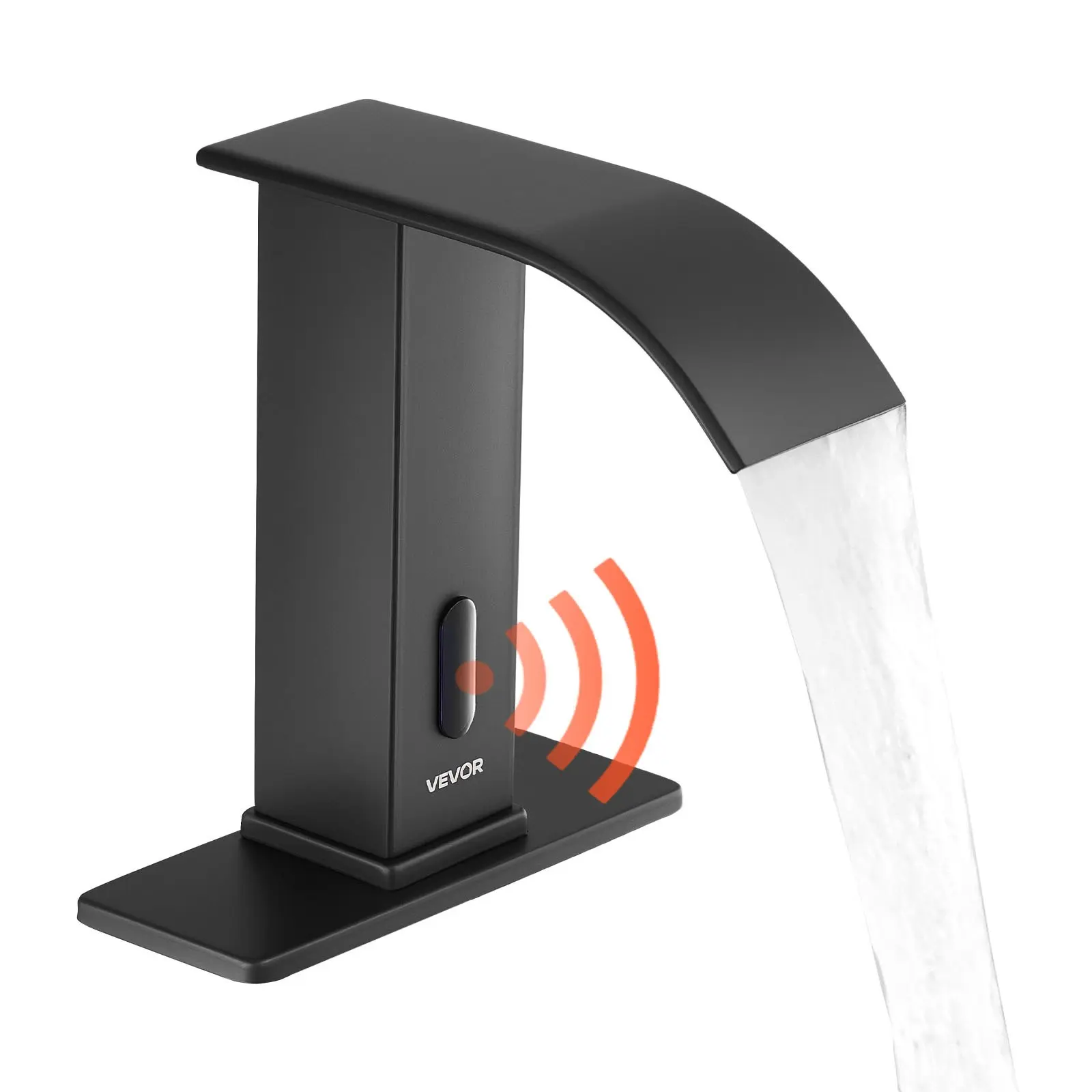 VEVOR Solid Matte Black Touchless Bathroom Restroom Sink Faucet, Single Unit Automatic Motion Sensor Waterfall Faucet with Hole Cover Plate, Battery-Operated, Hot & Cold Water for 9/16 in Pipe Commercial Lavatory, Rectangular Base, Touch, Lavatory Faucet