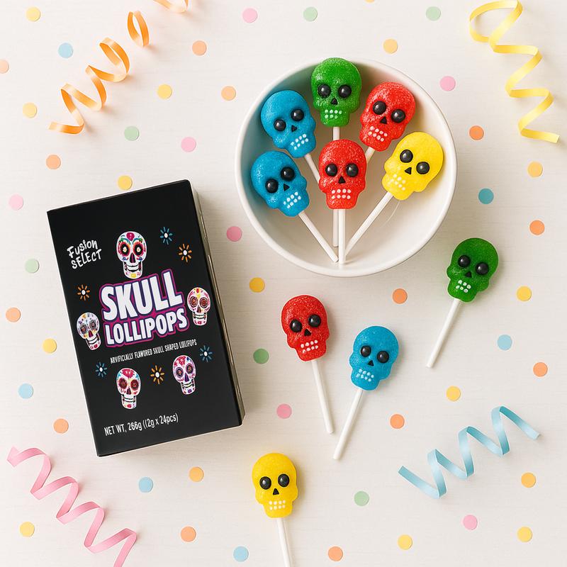 Fusion Select 24 Pcs Sugar Skull Lollipops - Colorful Halloween & Day of the Dead Candy - Individually Wrapped Novelty Treats for Kids - For Trick or Treat, Themed Party Favors & Celebrations Traditional Sweet Snack