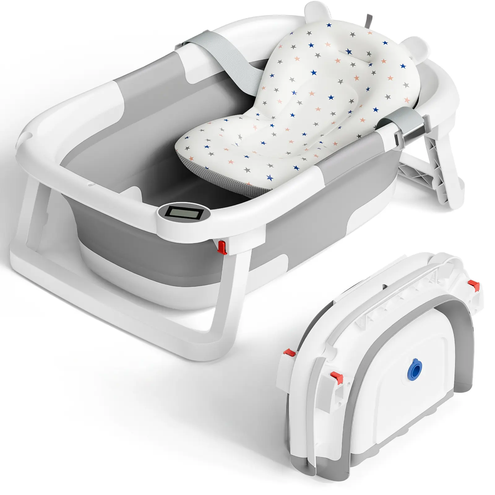 Collapsible Baby Bathtub with Real-time Temp Monitor + Floating Cushion, Foldable Baby Bath Tub Set - Perfect Portable Travel Baby Tub Cute Care, #SummerVibes