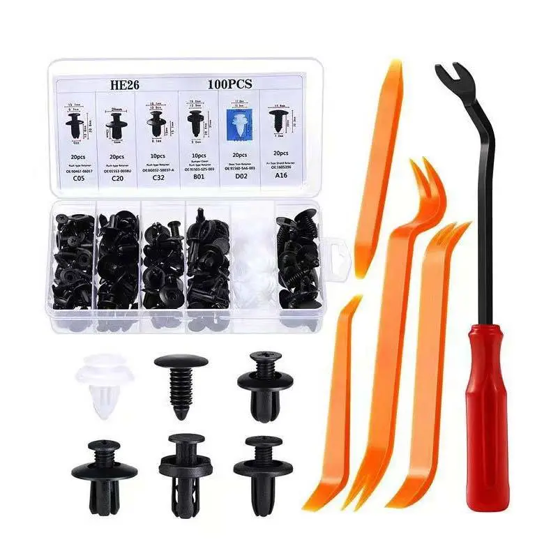 100 Pcs Nylon Car Bumper Retainer Push Pin Rivets Kit with 5 Fastener Removers, 6-Types with 1.5 Hole Sizes, Door Trim/Radiator Shield Replacement Clips for Many Vehicle Brands Automotive Accessories