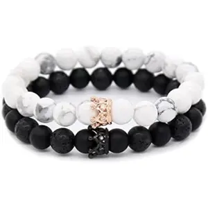 8mm Natural Stone CZ Micro Pave Crown King Queen Beads His and Hers Couple Bracelet, 7.5"