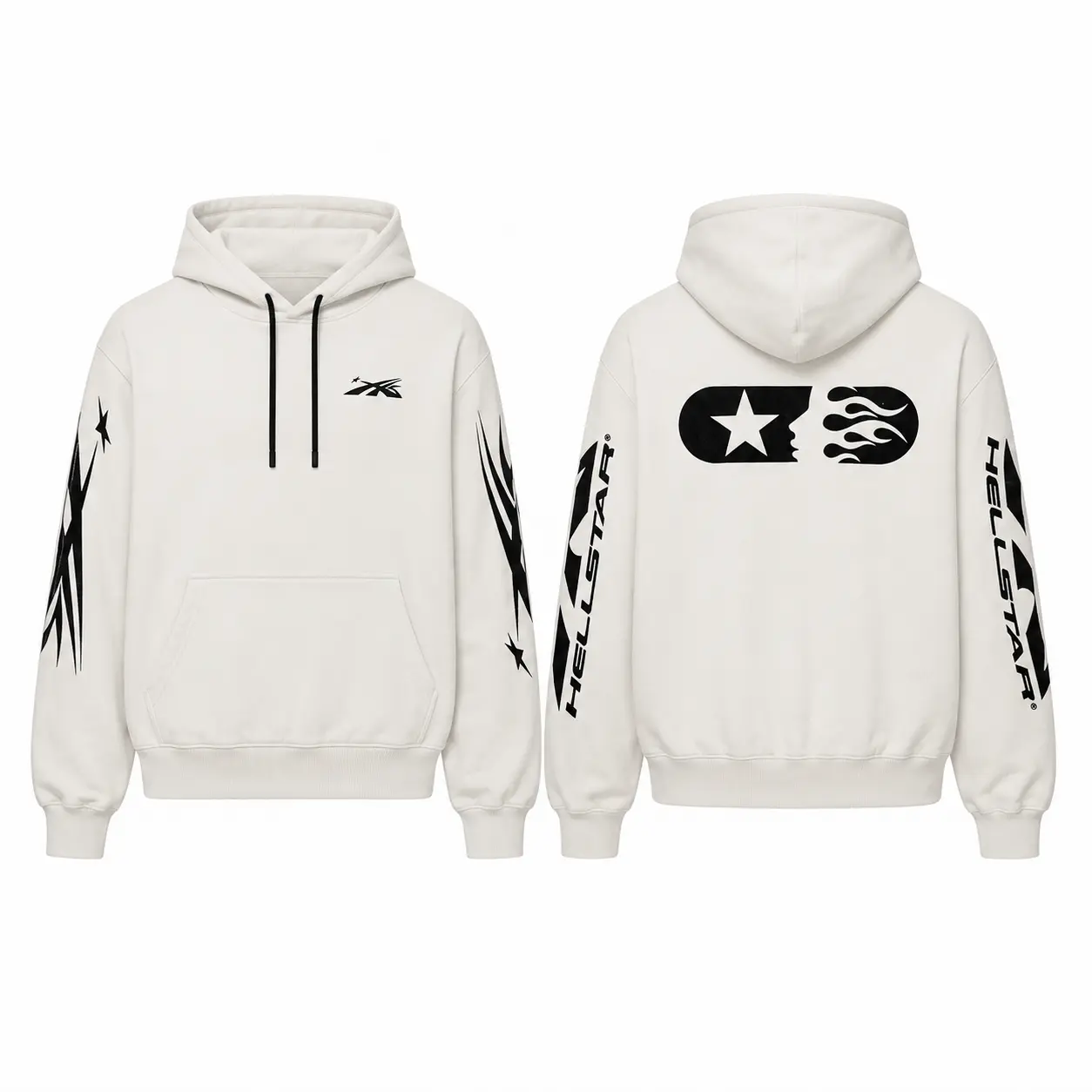 Hell Star Flame  Front Back Streetwear Pullover, Sleeve Print Y2K Urban Sweatshirt, Bold Graphic Hoodie