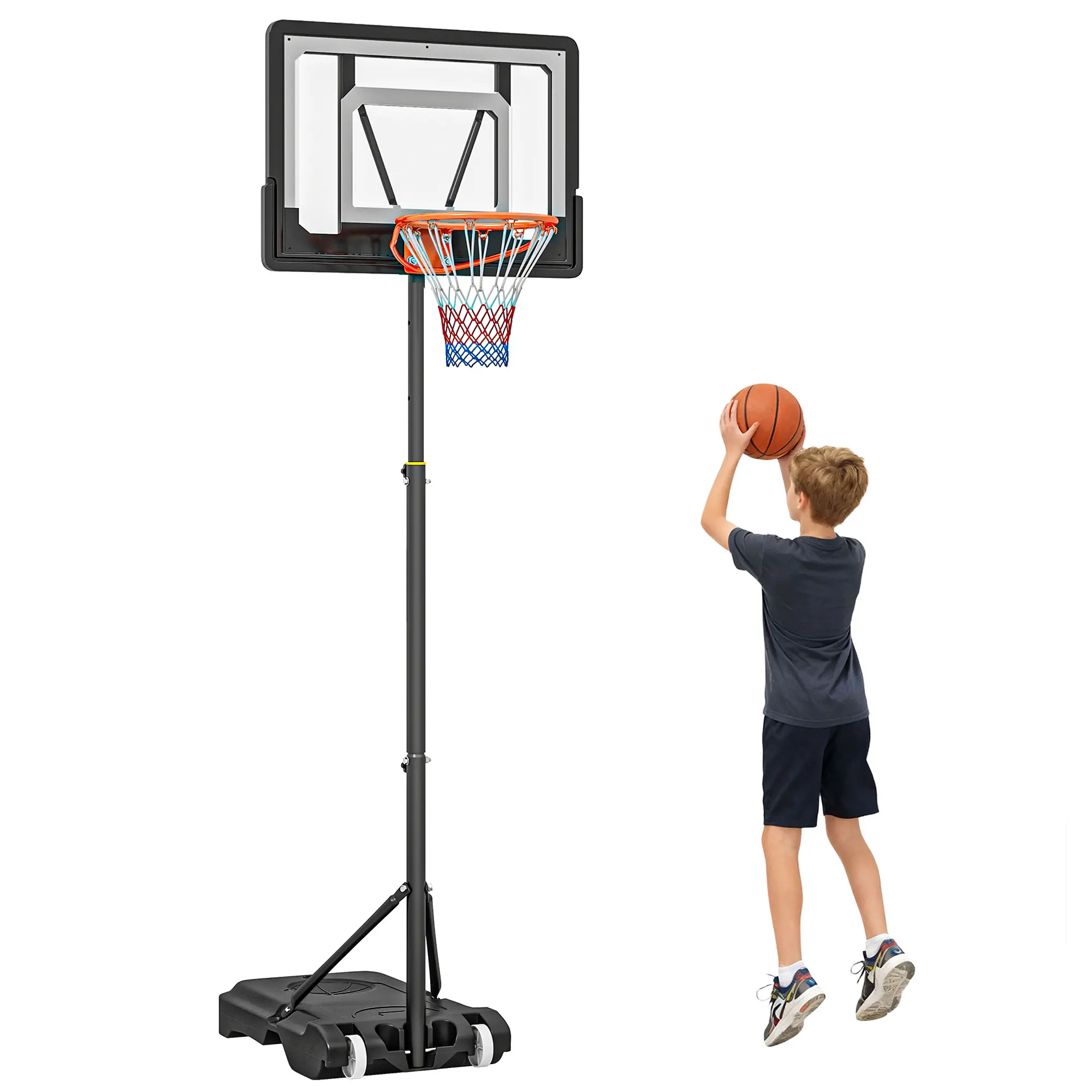 33-Inch Backboard Portable Basketball Hoop System, 5-7FT Height Adjustable (65.75"-90.5"), Steel Frame, PE Backboard, HDPE Fillable Wheeled Base, Ball Holder, Indoor-Outdoor Goal for Kids Ages 6+