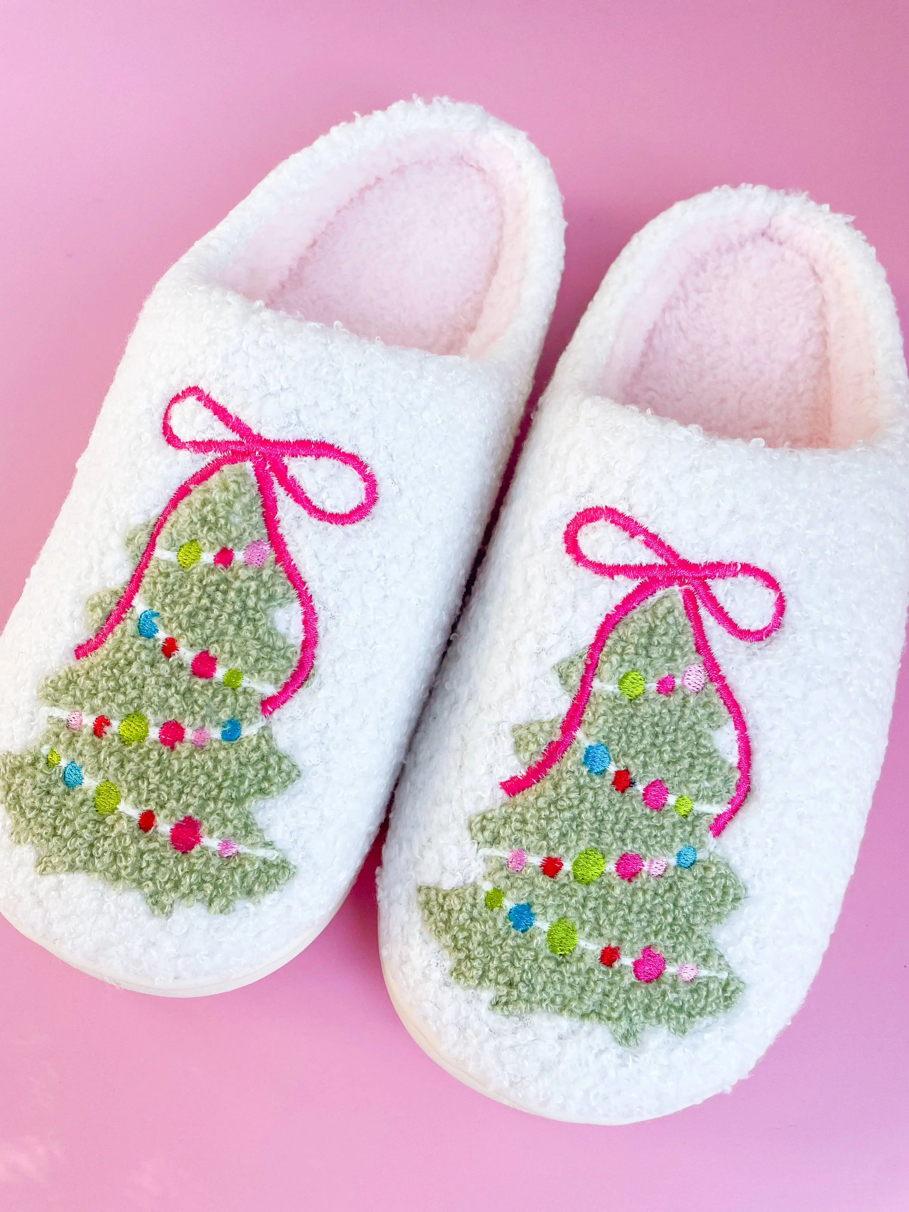 Pink Bow Christmas Tree Slippers - Soft Plush Fabric & Lining, Round Toe, Winter Slipper, Fluffy Bedroom Footwear, Size 7-10