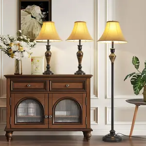 3 Piece Living Room Lamps Vintage Table Lamp and Floor Lamp Set of 3 Stable Iron Base with Brown Fabric Shade for Bedroom Reading Room Office