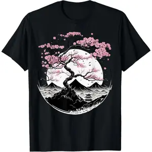 100% Cotton Japanese Sakura Garden Geisha Mount Fuji Cherry Blossom T-Shirt