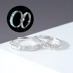 Moon & Star Glow-in-the-Dark Sterling Silver Couple Matching Rings - Adjustable Size with Zircon Accent