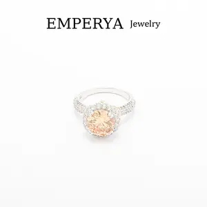 EMPERYA Silver Tone Champagne Round Halo Ring 5-Carat Look Large Cubic Zirconia Statement Ring Luxurious Pave Band Engagement Ring for Women
