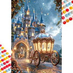 5D DIY Full Drill Round Diamond Painting - Diamond Painting Kit Castle Carriage Mosaic Canvas DIY Wall Art, Home Wall Decoration