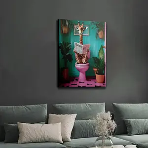 Wooden Frame, 1 Piece Giraffe Bathtub Funny Wall Art Poster - Super Cute Bathroom Jungle Animal Canvas Painting, Suitable for Dormitory, Apartment, Living Room, Bedroom - Modern Home Decoration, Giraffe Decoration