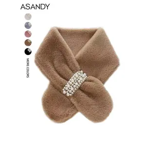 Women’s faux fur scarf, pearl-decorated winter warm neck scarf, soft and fuzzy neck warmer, available in multiple colors, suitable for wearing in cold weather GARMENTARY