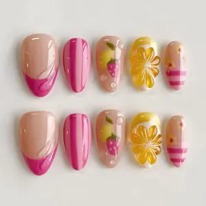 Summer Fruit Press On Nails, Strawberry Orange Press On Nails, Cute Juicy Aesthetic Nails, Handmade Gel Nails, Reusable Full Cover Nail Set