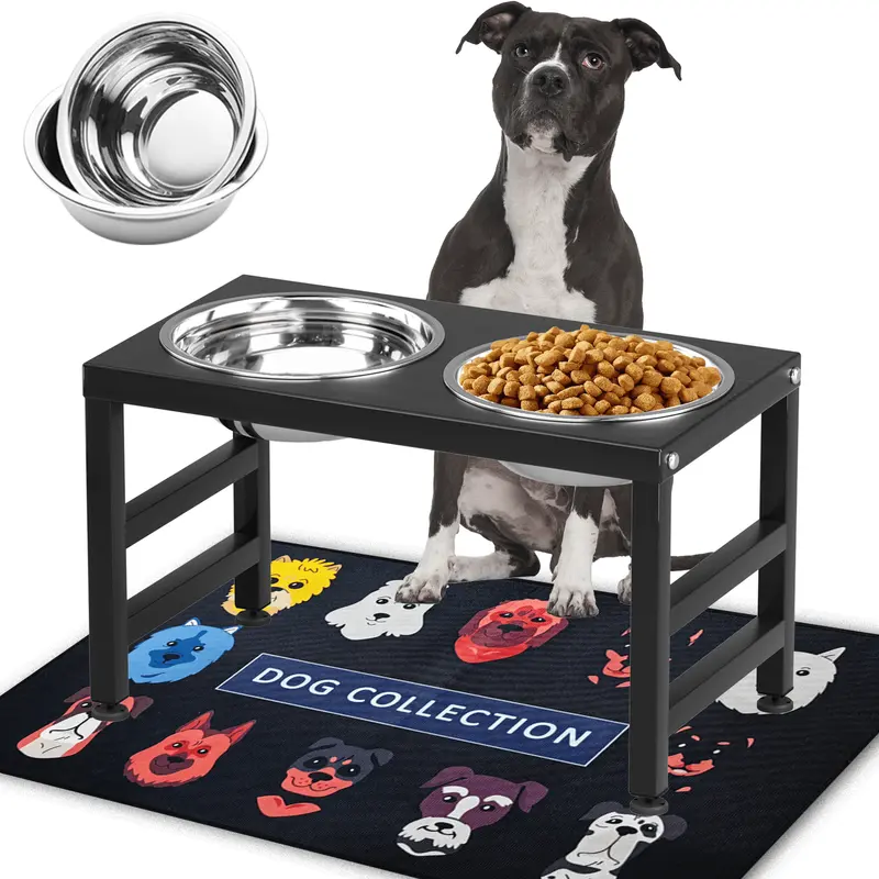 Elevated Dog Feeding Bowl Set - Solid Metal, 10in Height, Non-Slip Feet, Splashproof Mat (Keeps Area Dry), 2x1200ml Dishes, Easy to Assemble, Mess-Free Design for Medium-Large Dogs (Non-Smart Device)