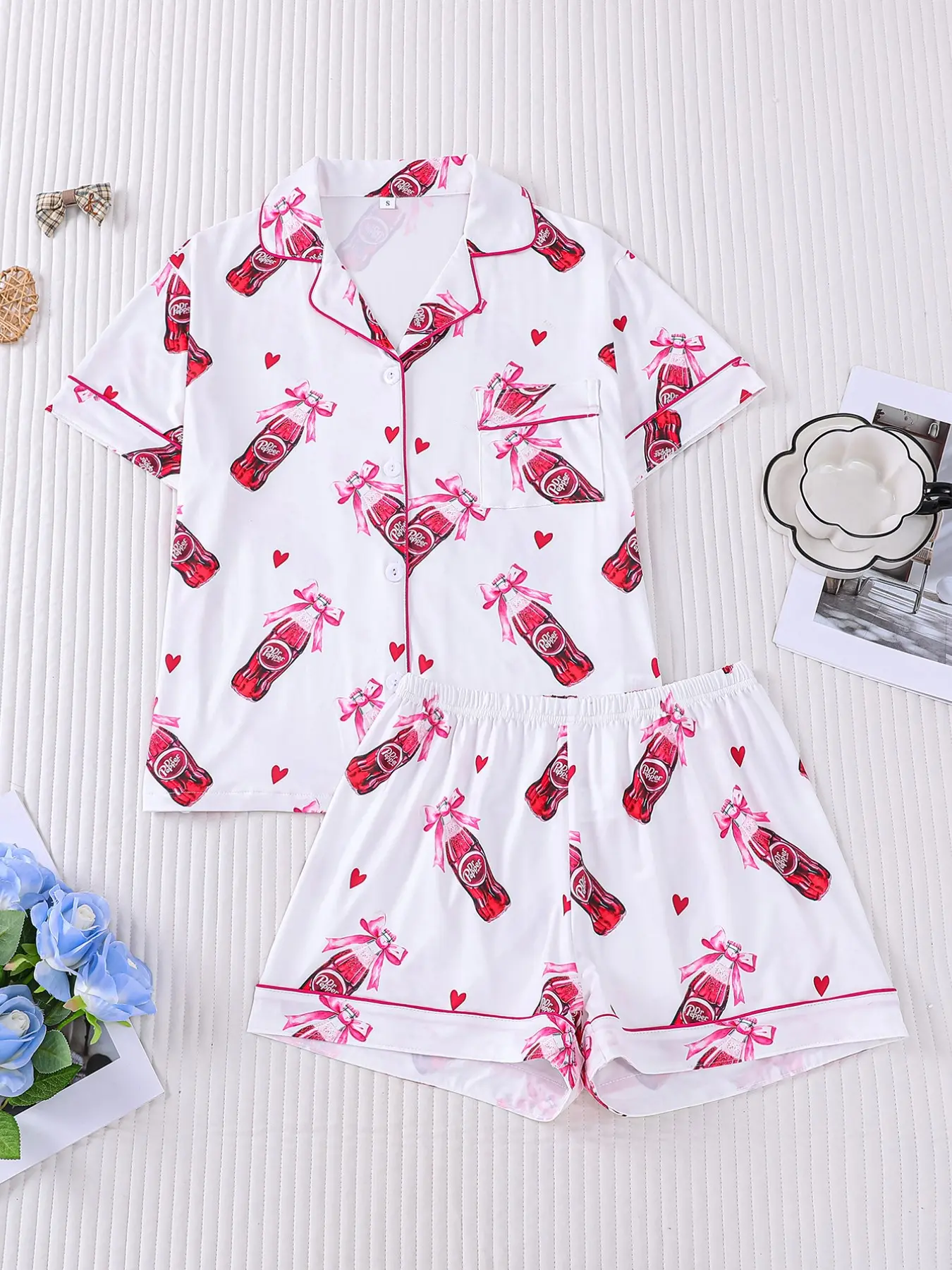 Women's 2-Piece Sleepwear Pajama Set, Classic Soda Drink Print Short Sleeve Shorts, Comfortable Soft Skin-Friendly Elastic Waist, All Seasons Casual Home Wear, Loungewear