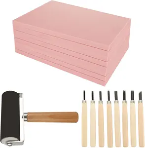 10 Pack Rubber Stamp Making Kit, Block Printing Linoleum Carving Tools with 8 Type Blades, 8 Pcs Pink Rubber Carving Block and Rubber Brayer Roller