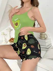 Women's Two-Piece Set Avocado Sleeveless Halter Top and Rolled Hem Shorts, Stylish Summer, Comfortable and Trendy Clothing for Women