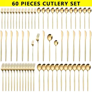 60 Piece Gold Silverware Set for 8, Terlulu Stainless Steel Flatware Set, Gold Cutlery Set Utensils Set, Tableware Include Forks Knives Spoons for Home Kitchen Restaurant Wedding, Satin Finish Dinnerware