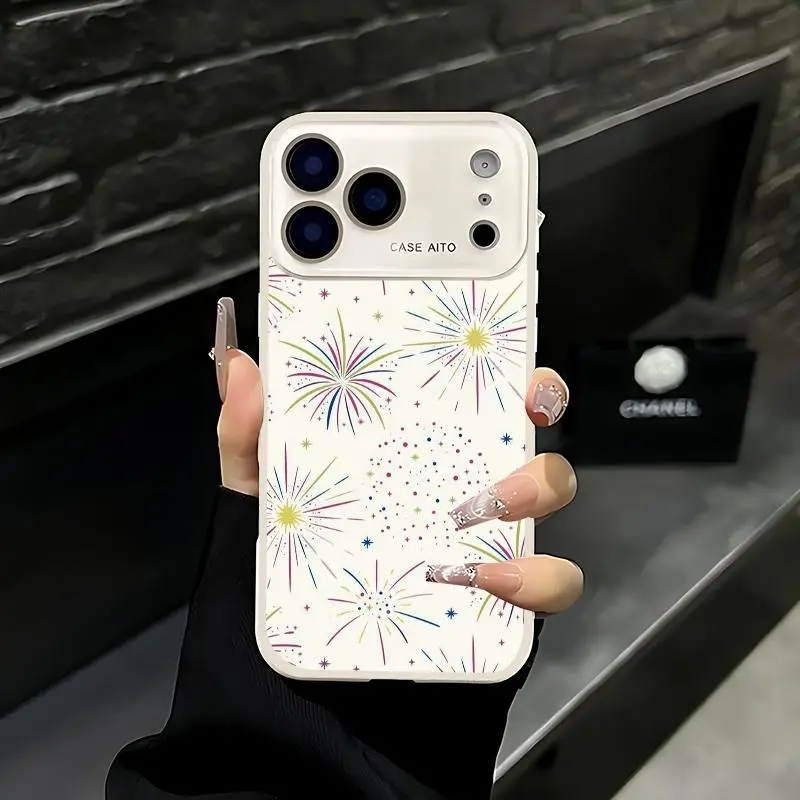 Colorful firework and starlight print phone case. Compatible with iPhone 17 Pro Max, 16 Pro Max, 15 Pro Max, and 14 Pro Max. Includes lens protection. Also compatible with iPhone 15, 14, 13, and 12. Made of skin-friendly TPU material.