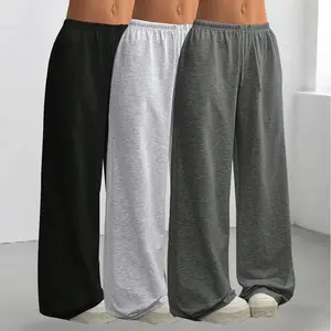 Women's 3-Pack Basic Minimalist Plain Full-Length Mid-Waist Pants, Soft Fabric Oversized Loose Streetwear Lounge Bottoms with Great Fit, Casual Daily Spring Clothes, Black & Gray, L182