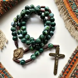 Women'S Vintage Bohemian Rosary Necklace with Large Cross Pendant & Beaded Chain - Christian Faith Jewelry, Green & Brown Beads