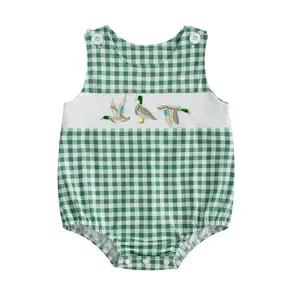 Infant Baby Boy Mallard Duck Hunting Clothes Gingham Bubble Romper Sleeveless Buttons Plaid Onesie Bodysuit Outfit